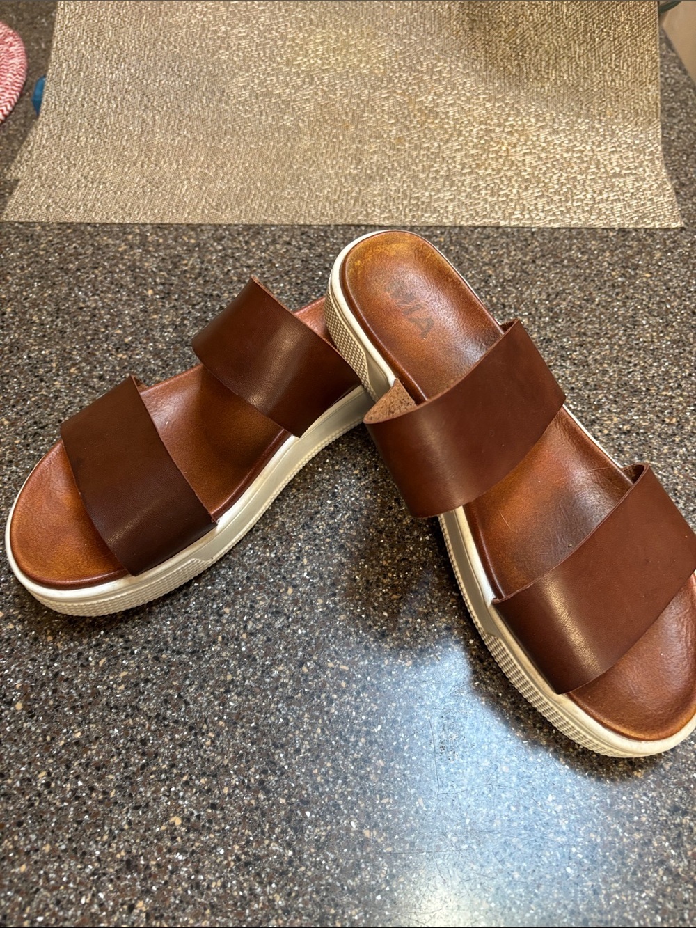 MIA Brown Double-Strap Slide Sandals with White Platform Sole